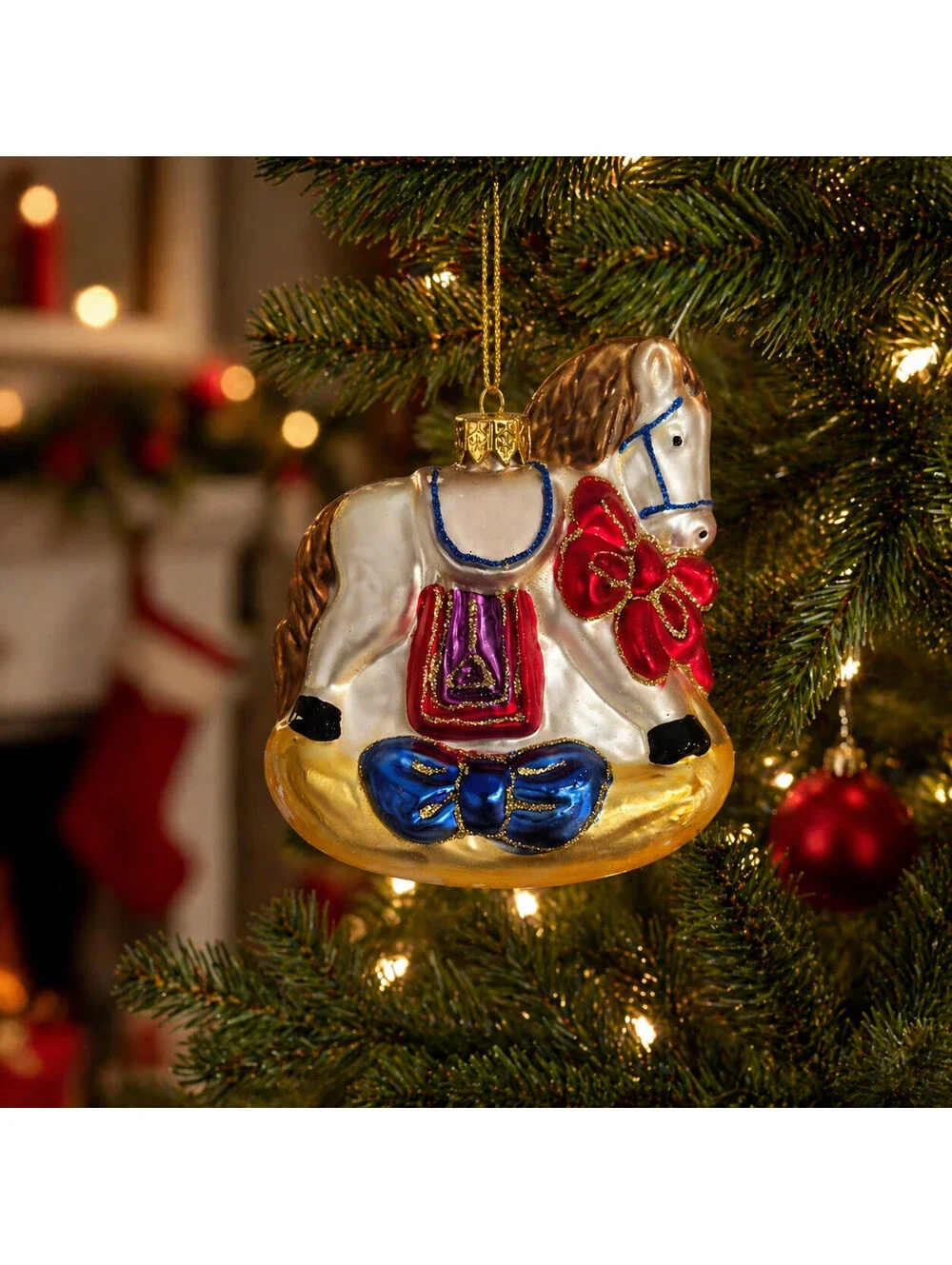 Vintage Hand Painted Glass Rocking Horse Ornament Target Blown Glass Boxed